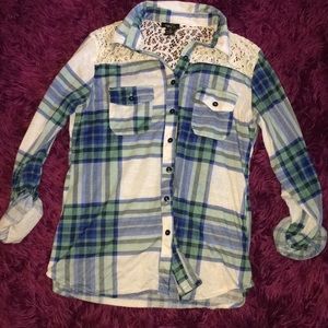 Blue Plaid White Lace Shoulder Button Up Blouse